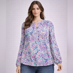Lilly Pulitzer Silk Blouse Womens Small Multicolor Long Sleeve‎ Popover Top